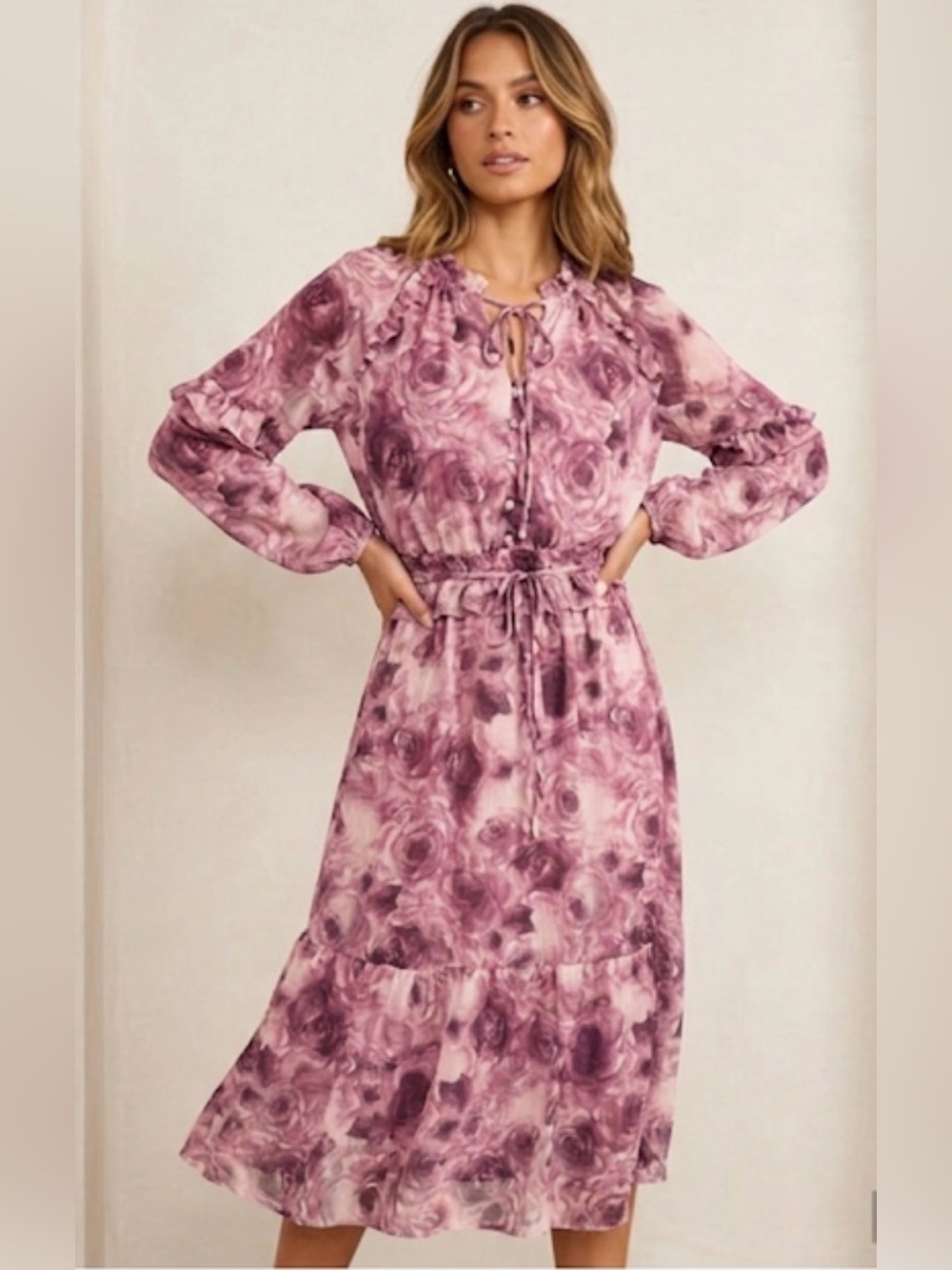 Pink Floral Long-Sleeve Tie-Waist Midi Dress